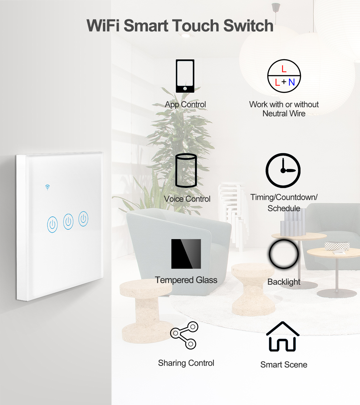 EU No Neutral Alexa Smart Home Touch Screen Light Wifi Smart Switch from China supplier