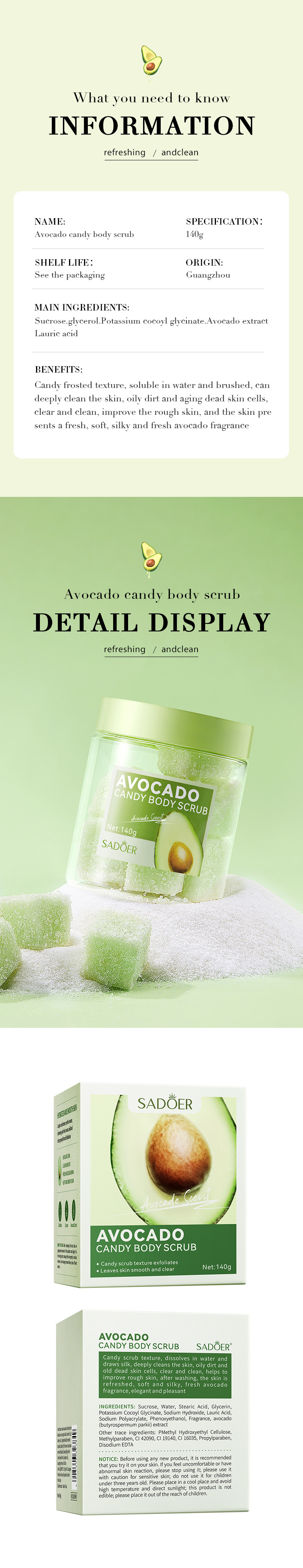 Hot Selling Smooth Exfoliating Skin Vegan Organic Fruit Candy Sugar Body Scrubs Cubes Bright Soften Avocado Body Sugar Ball from China supplier