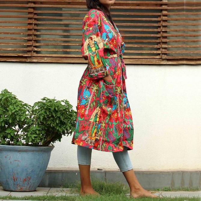 FLORAL PRINTED BANDAGE BOWKNOT LONG SLEEVE SIDE POCKETS KIMONO from China supplier