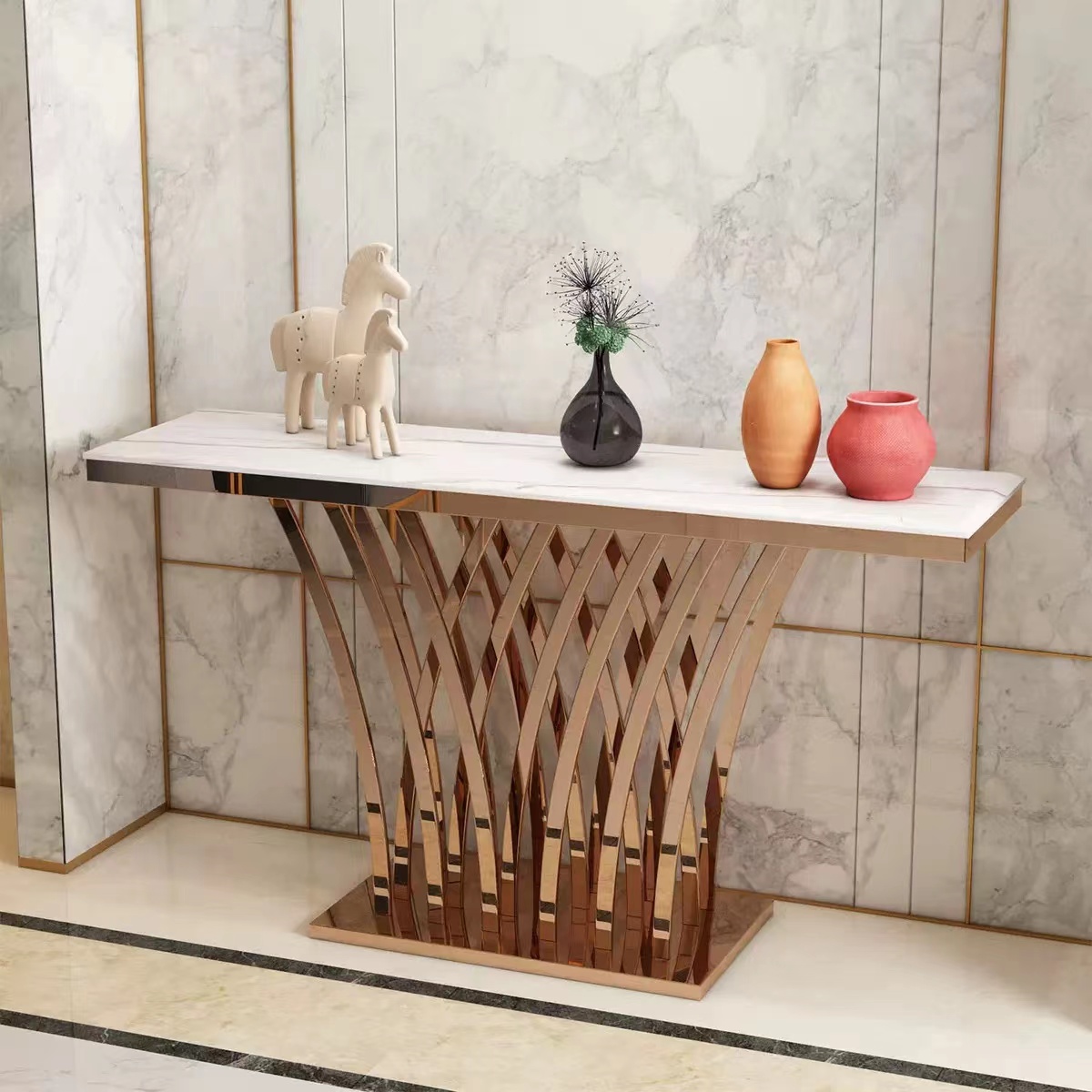 Hallway furniture with shelving and drawers modern gold stainless steel marble luxury console table
