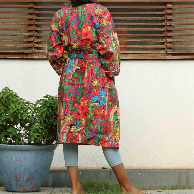 FLORAL PRINTED BANDAGE BOWKNOT LONG SLEEVE SIDE POCKETS KIMONO from China supplier