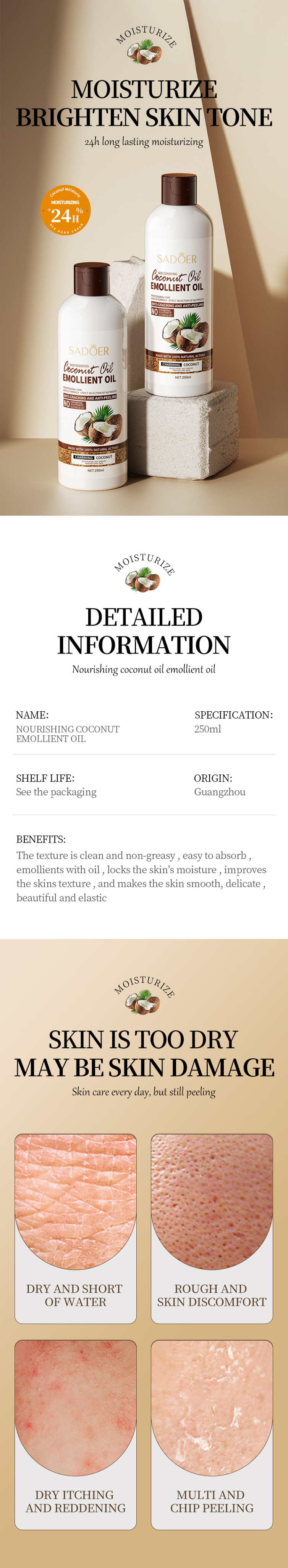 OEM Custom Coconut Body Oil Hydrating Moisturizing and Anti Drying Body Lotion Long Lasting Whitening Shower Gel and Shampoo from China supplier