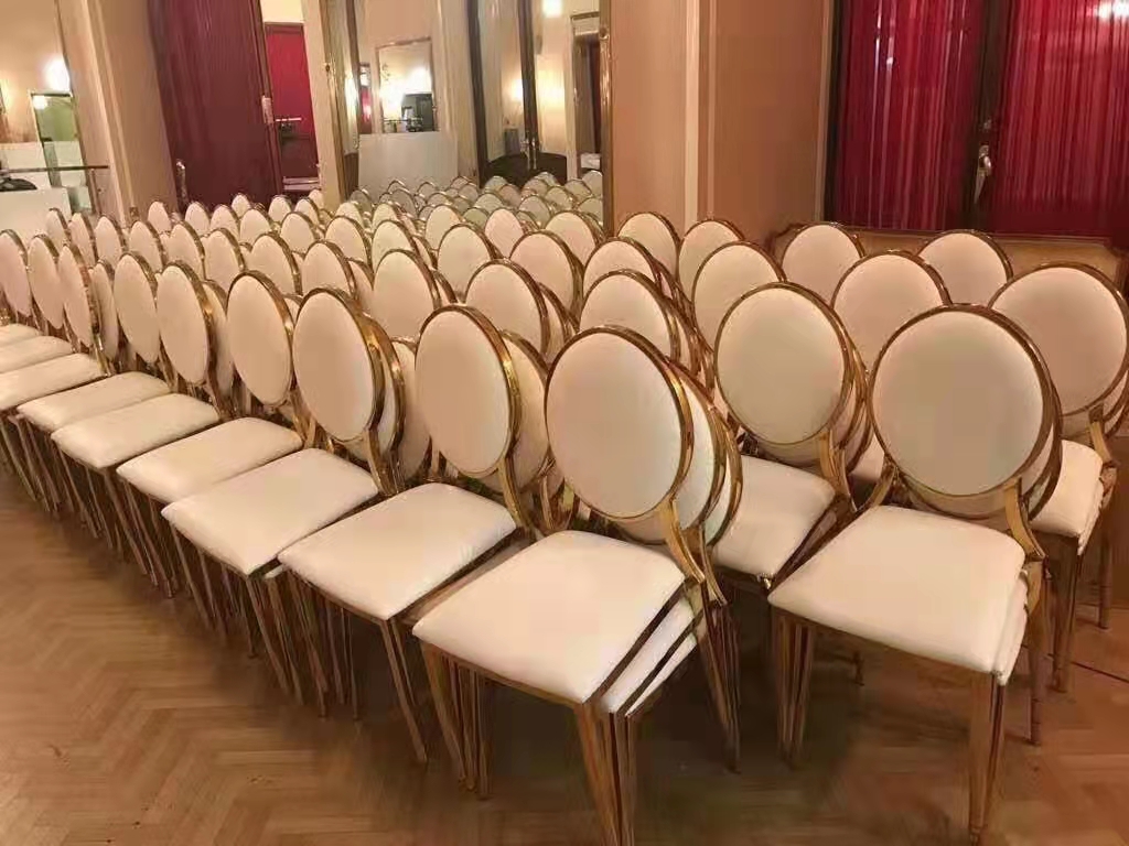 gold golden dining round rose glass table stackable stainless banquet  metal chair party tables