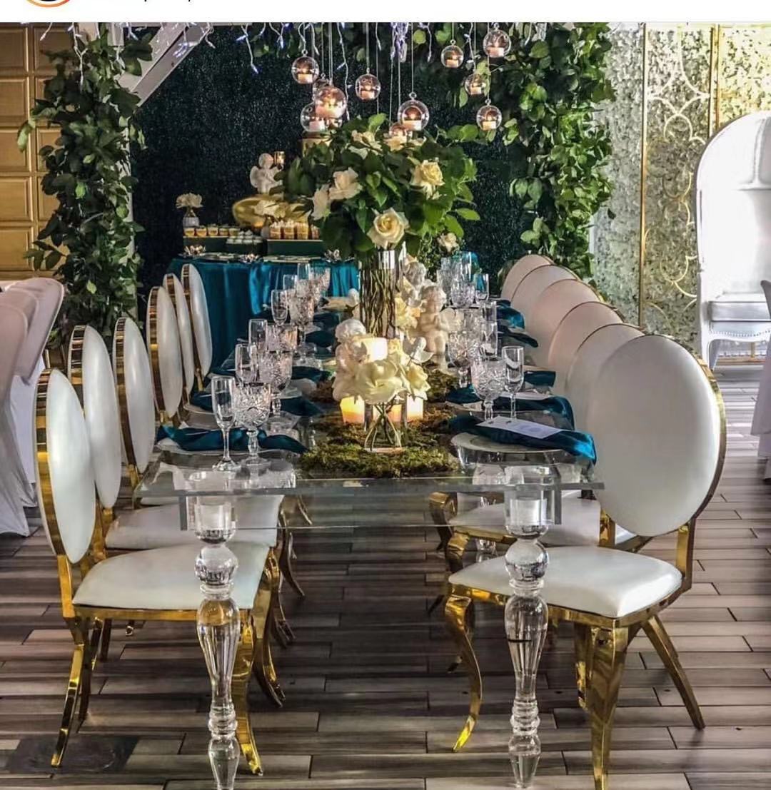 gold golden dining round rose glass table stackable stainless banquet  metal chair party tables