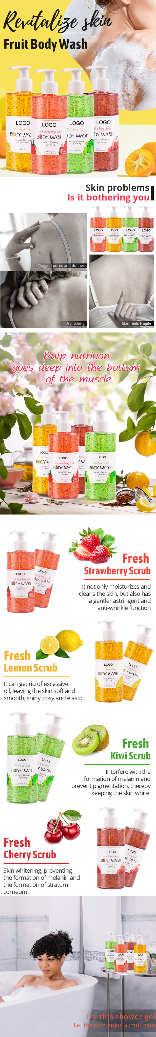 Private Label Exfoliating Organic Bodywash Whitening Lightening Bath Shower Gel Natural Vegan Fruit Scrub Body Wash from China supplier
