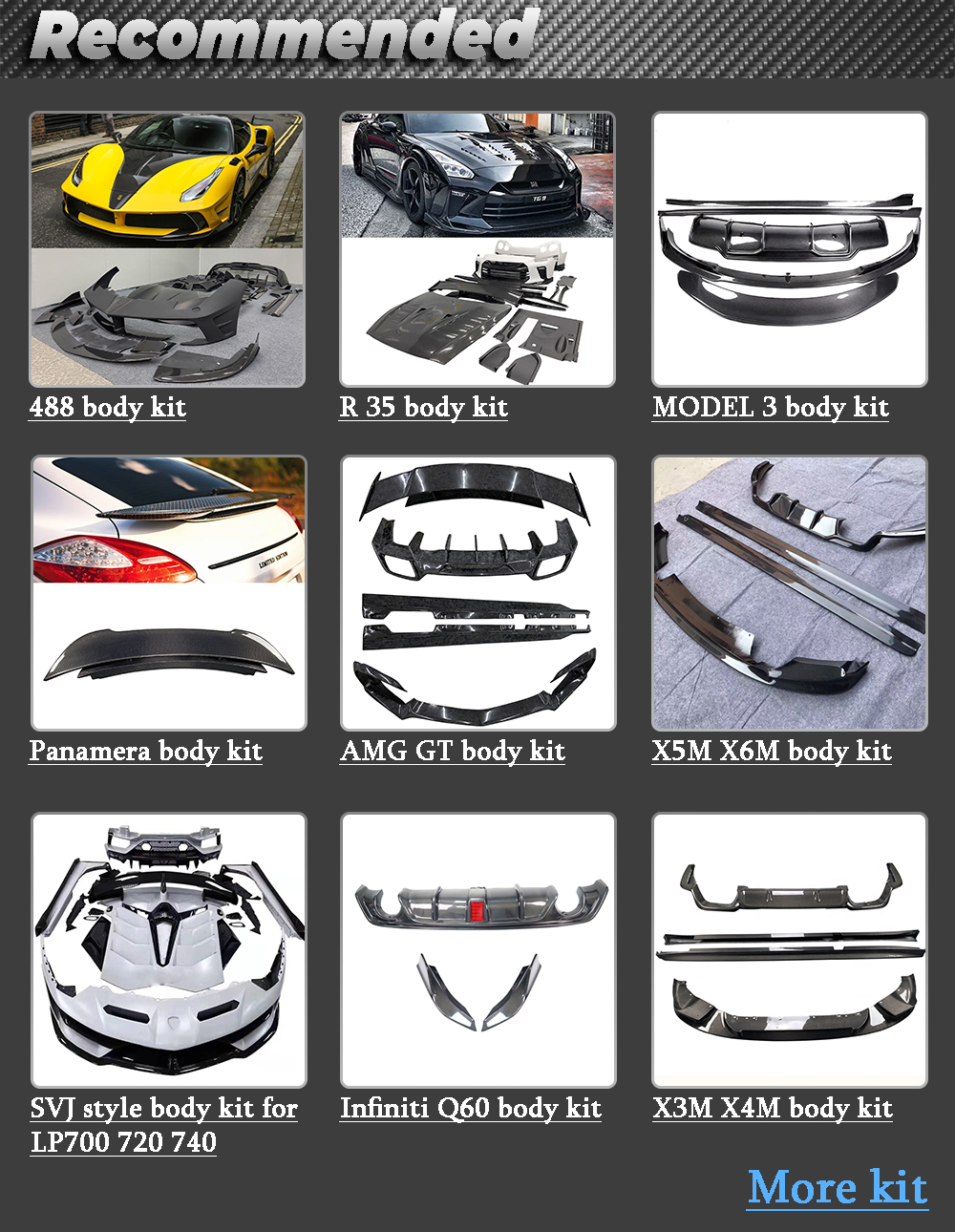 Car bumpers body kit carbon fiber front lip rear diffuser side skirts