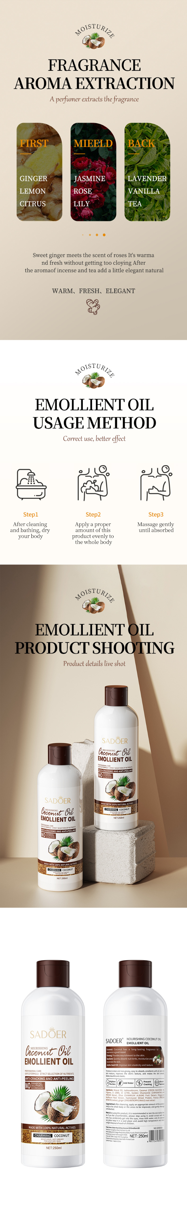 OEM Custom Coconut Body Oil Hydrating Moisturizing and Anti Drying Body Lotion Long Lasting Whitening Shower Gel and Shampoo from China supplier