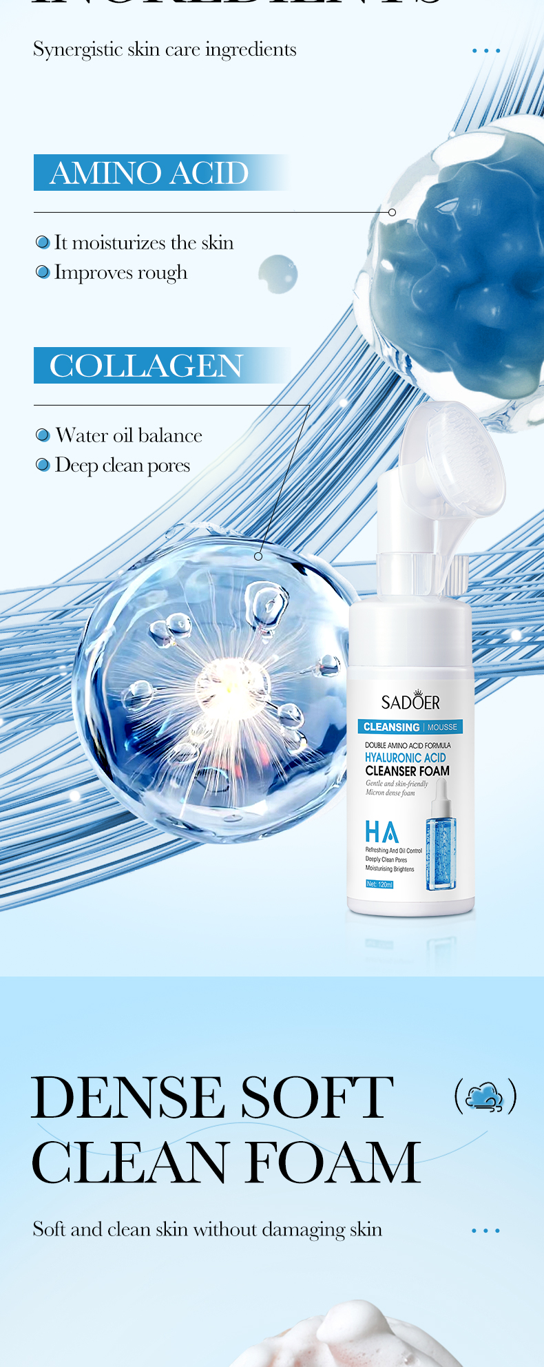 Private Label Avocado Hyaluronic Acid Vitamin C Foaming Amino Acid Face Wash Facial Cleanser with Silicone Brush from China supplier