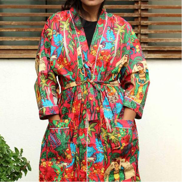 FLORAL PRINTED BANDAGE BOWKNOT LONG SLEEVE SIDE POCKETS KIMONO from China supplier